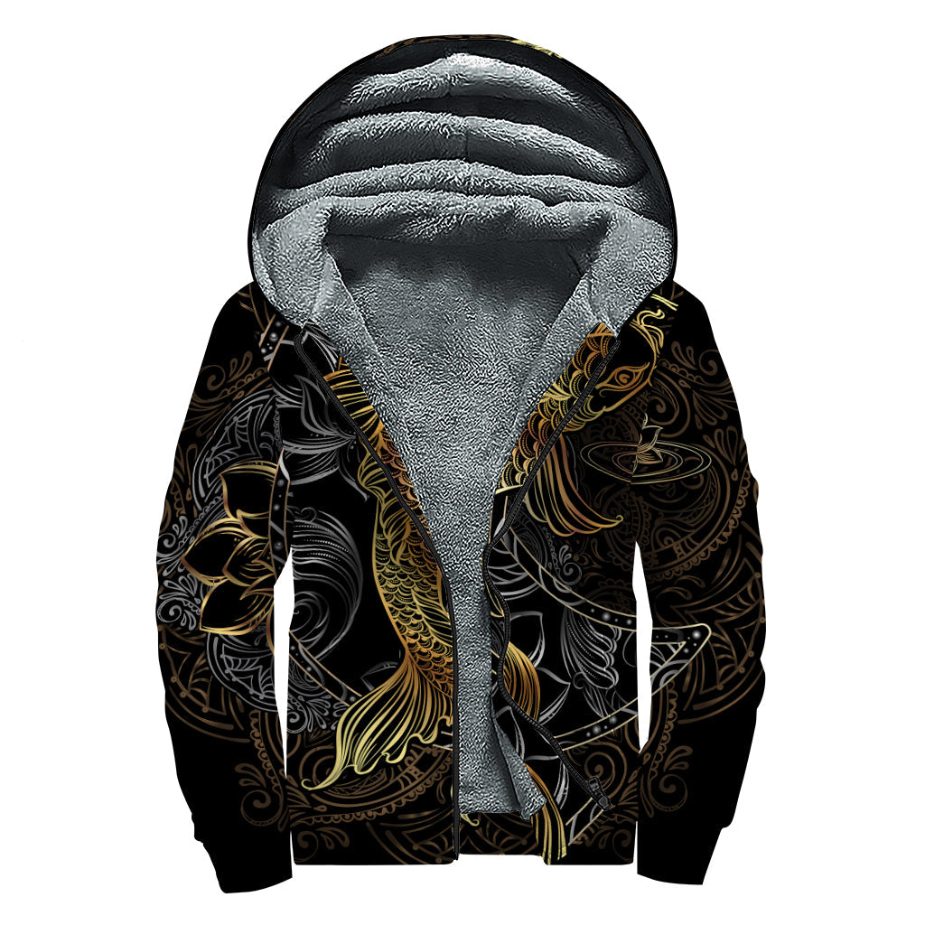 Golden Spiritual Koi Fish Sherpa-Lined Zip Up Hoodie for the Wild at Heart - 1