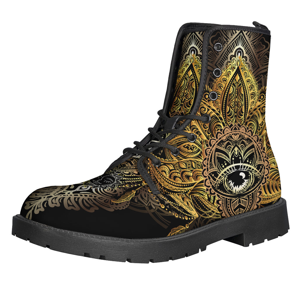 Golden Spiritual Lotus Print Leather Boots for Your Inner Hippie - 1