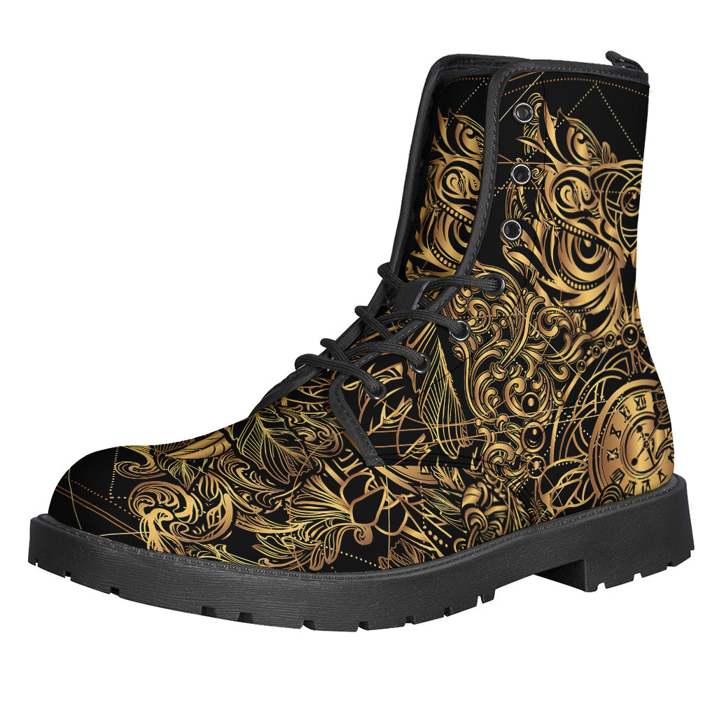 Golden Spiritual Owl Print Leather Boots for the Free-Spirited Hippies - 1