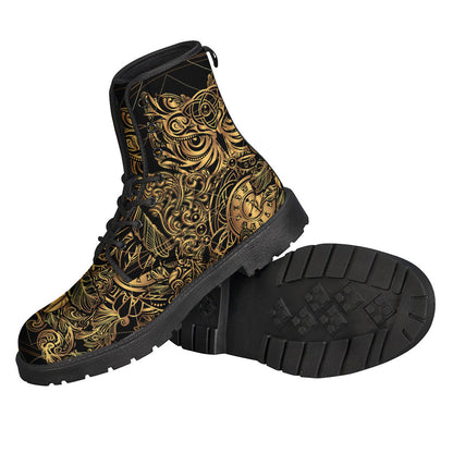 Golden Spiritual Owl Print Leather Boots for the Free-Spirited Hippies - 2