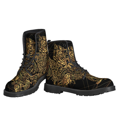 Golden Spiritual Owl Print Leather Boots for the Free-Spirited Hippies - 3