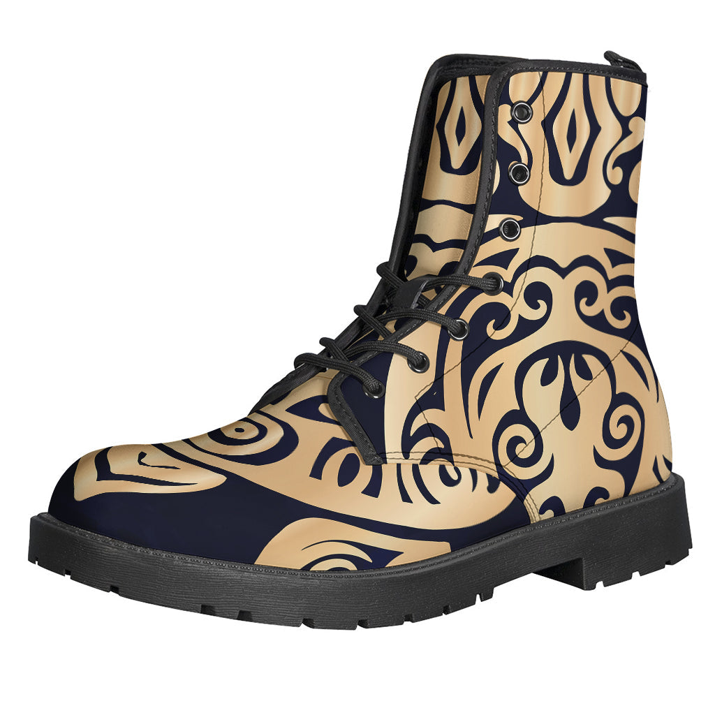 Golden Tribal Sea Turtle Print Leather Boots for the Free-Spirited Hippie - 1