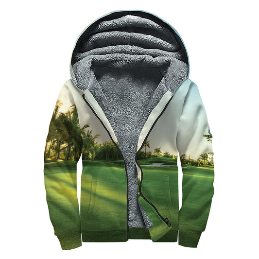 Groovy Golf Course Print Sherpa Lined Zip Up Hoodie for Stylish Hippies - 1