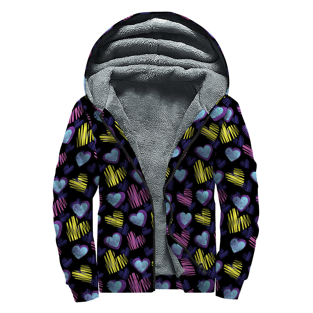 Graffiti Heart Pattern Print Sherpa Lined Zip Up Hoodie: Embrace Your Inner Hippie - 1