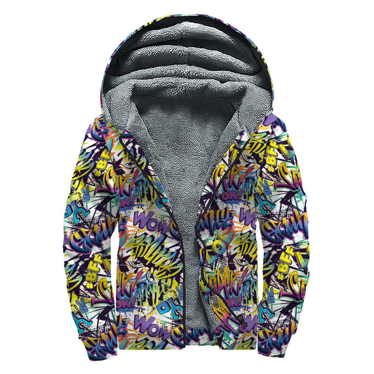 Graffiti Text Pattern Print Hippie Chic Sherpa Lined Zip Up Hoodie - 1