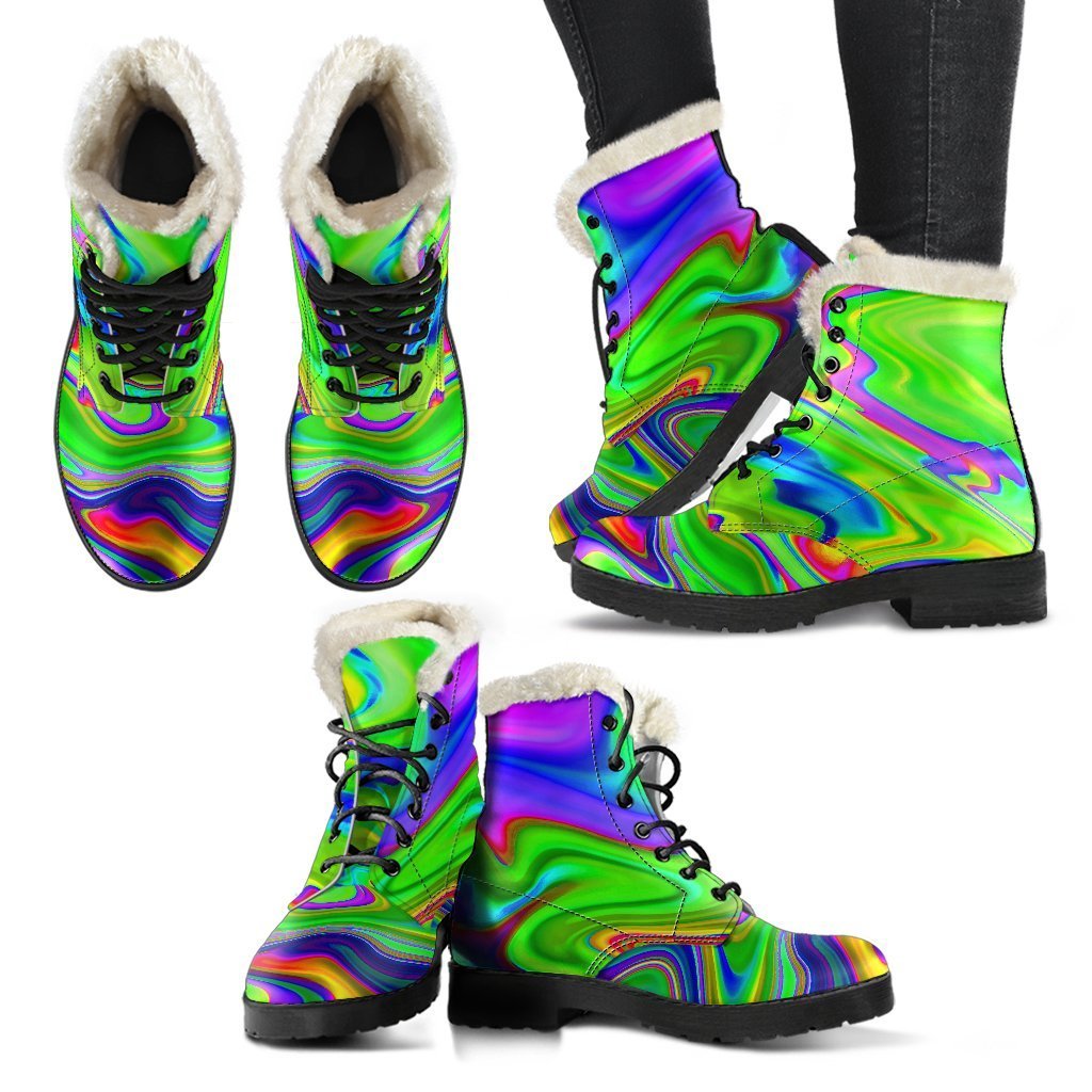 Step Out in Style: Green Abstract Liquid Trippy Print Faux Fur Leather Boots for Trendsetting Hippies - 2