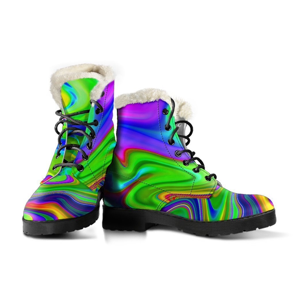 Step Out in Style: Green Abstract Liquid Trippy Print Faux Fur Leather Boots for Trendsetting Hippies - 3