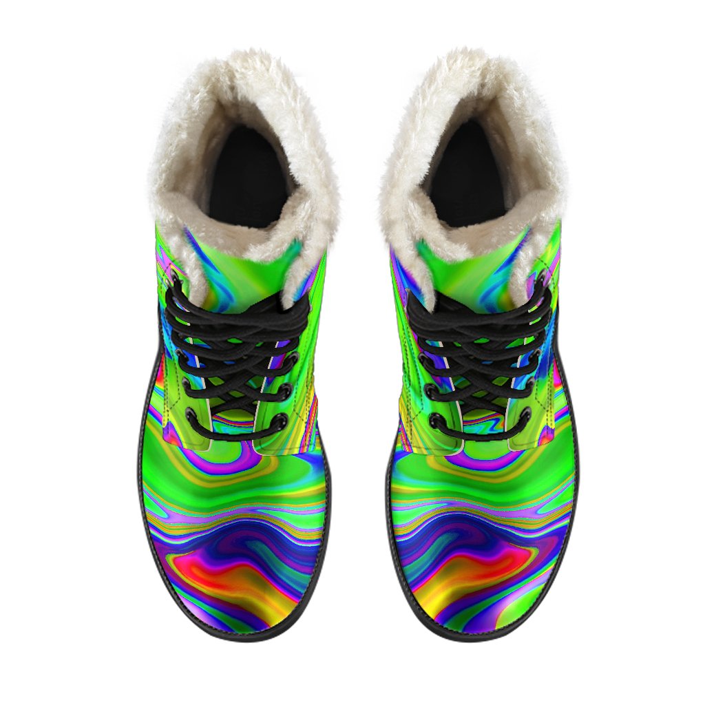 Step Out in Style: Green Abstract Liquid Trippy Print Faux Fur Leather Boots for Trendsetting Hippies - 4