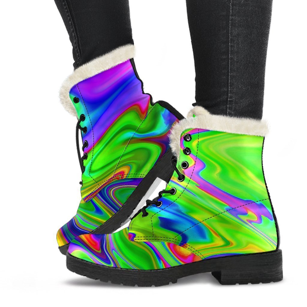 Step Out in Style: Green Abstract Liquid Trippy Print Faux Fur Leather Boots for Trendsetting Hippies - 1