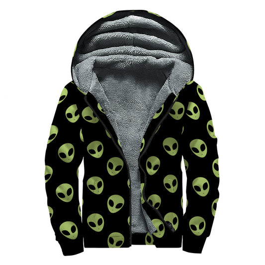 Green Alien Face Pattern Print Sherpa Lined Zip Up Hoodie for Groovy Hippies - 1