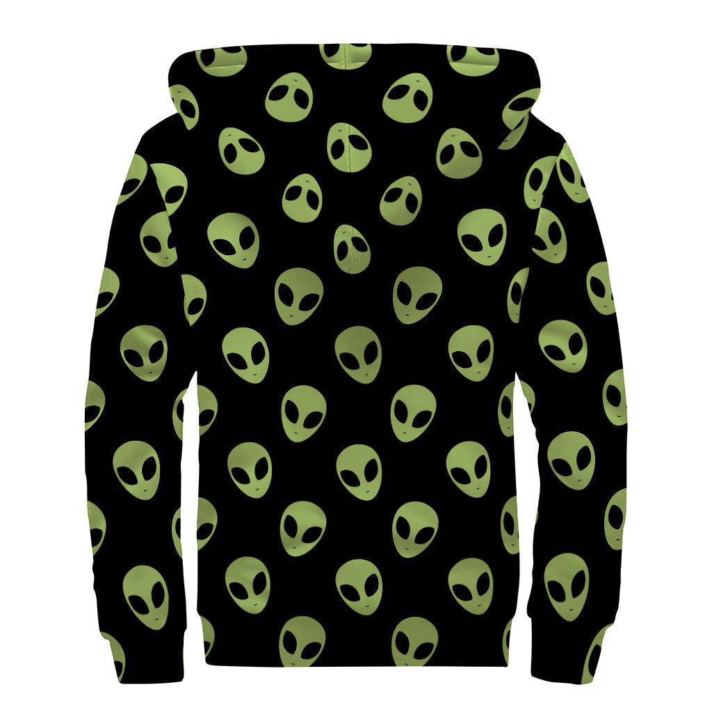 Green Alien Face Pattern Print Sherpa Lined Zip Up Hoodie for Groovy Hippies - 2