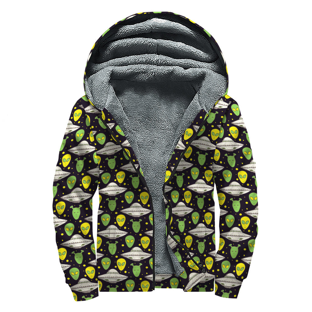 Green Alien UFO Space Print Hippie Sherpa Lined Zip Up Hoodie - 1