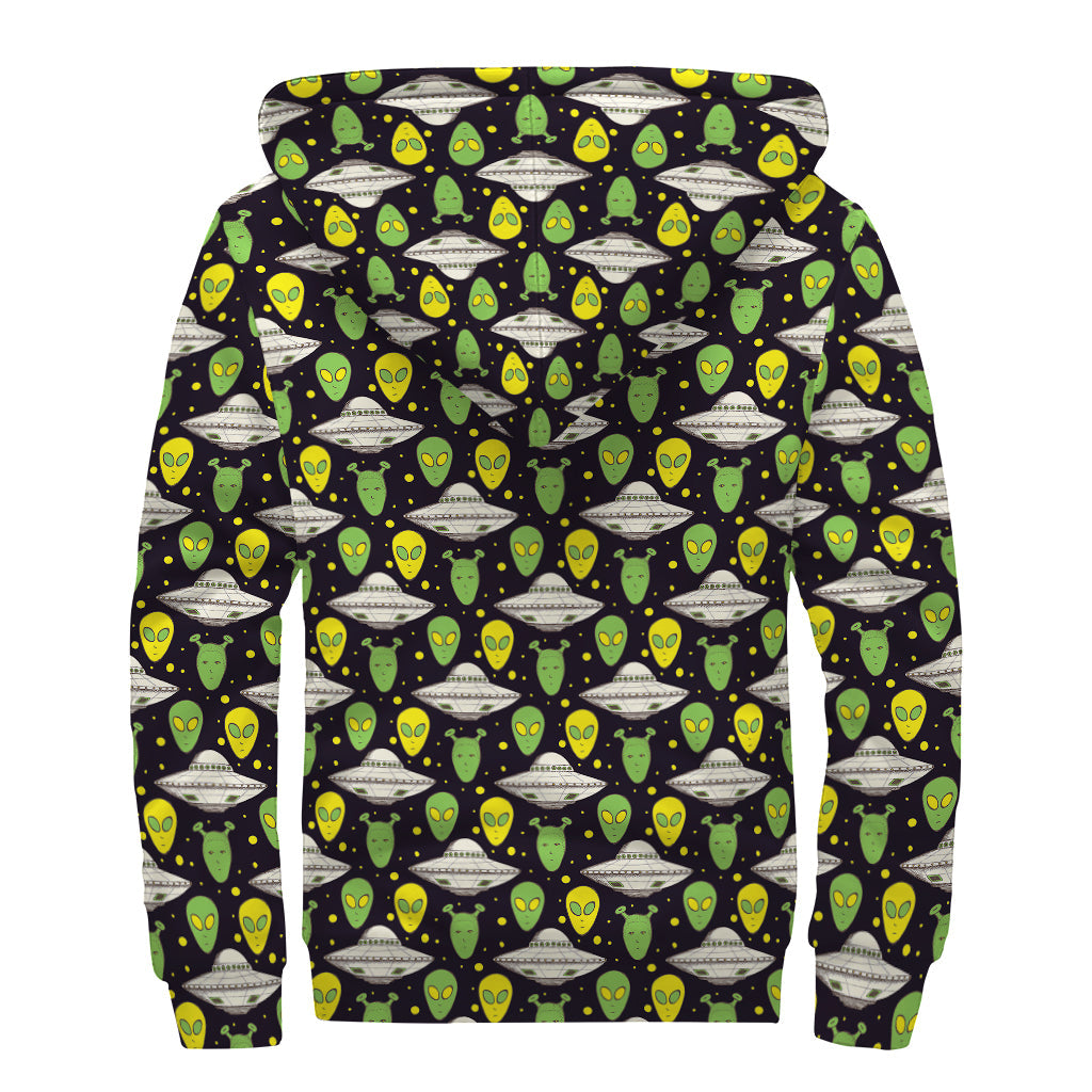 Green Alien UFO Space Print Hippie Sherpa Lined Zip Up Hoodie - 2