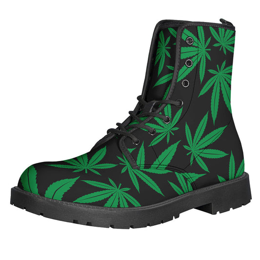 Green and Black Cannabis Leaf Print Leather Boots: A Hippie's Footwear Essential - 1