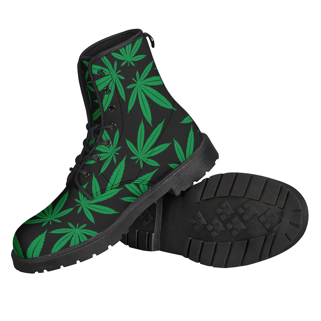 Green and Black Cannabis Leaf Print Leather Boots: A Hippie's Footwear Essential - 2