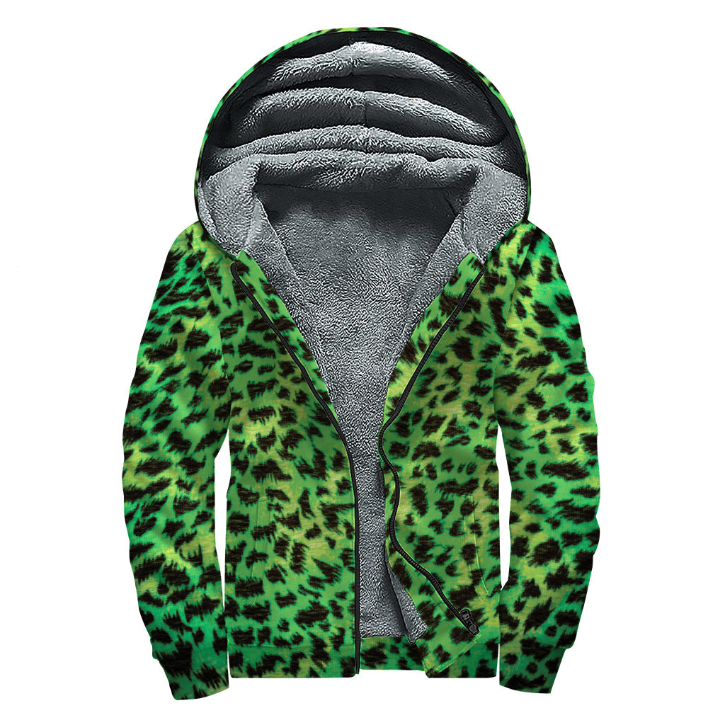 Green and Black Cheetah Print Sherpa Lined Zip Up Hoodie for Groovy Hippies - 1