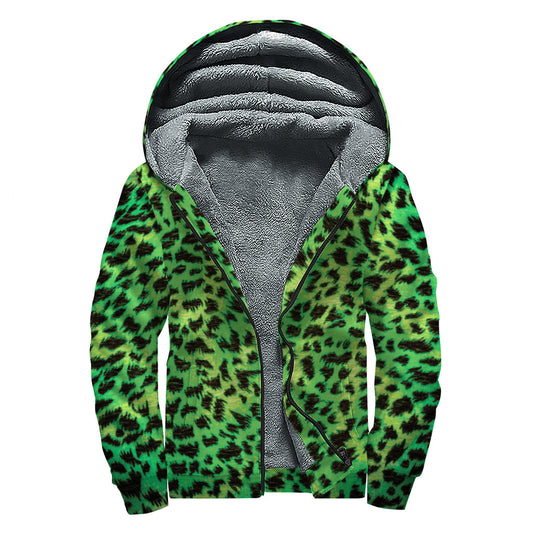 Green and Black Cheetah Print Sherpa Lined Zip Up Hoodie for Groovy Hippies - 1