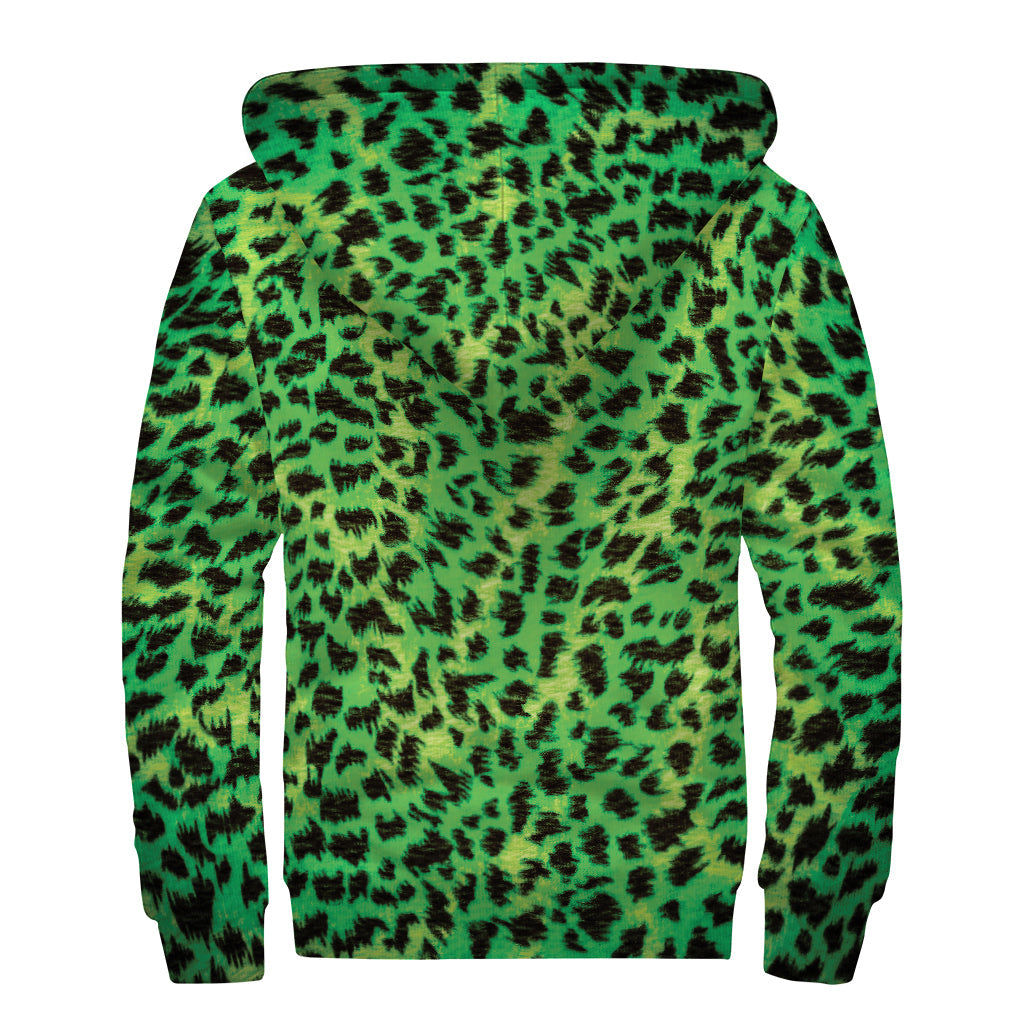 Green and Black Cheetah Print Sherpa Lined Zip Up Hoodie for Groovy Hippies - 2