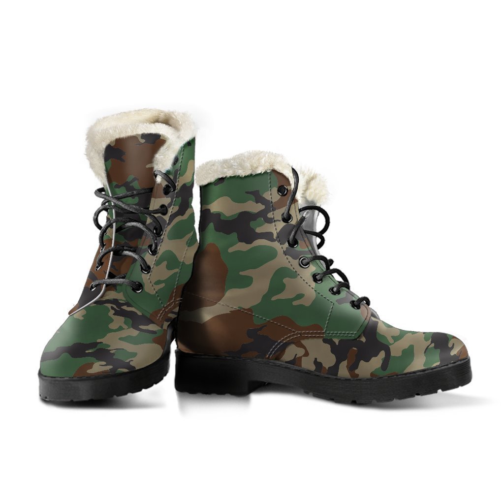 Boho Bliss: Green and Brown Camouflage Faux Fur Leather Boots for the Groovy Hippie - 3