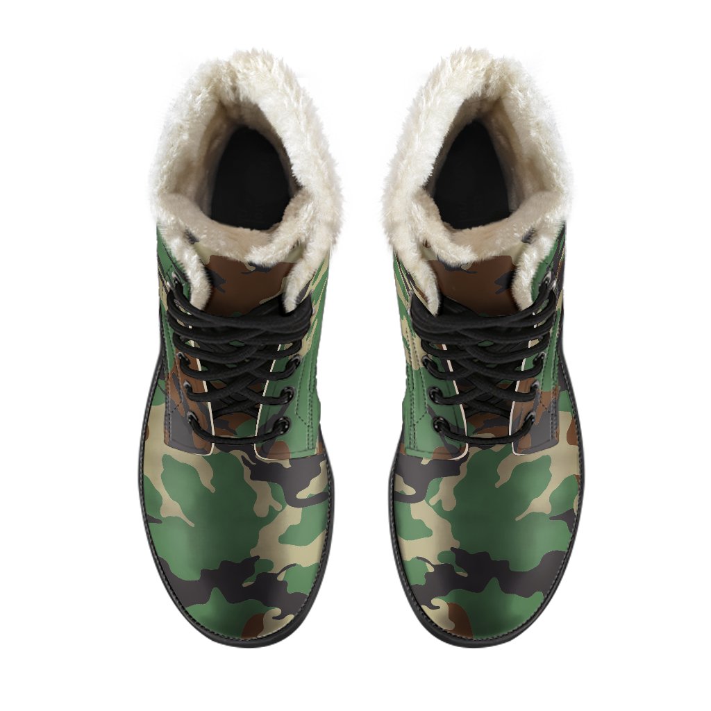 Boho Bliss: Green and Brown Camouflage Faux Fur Leather Boots for the Groovy Hippie - 4