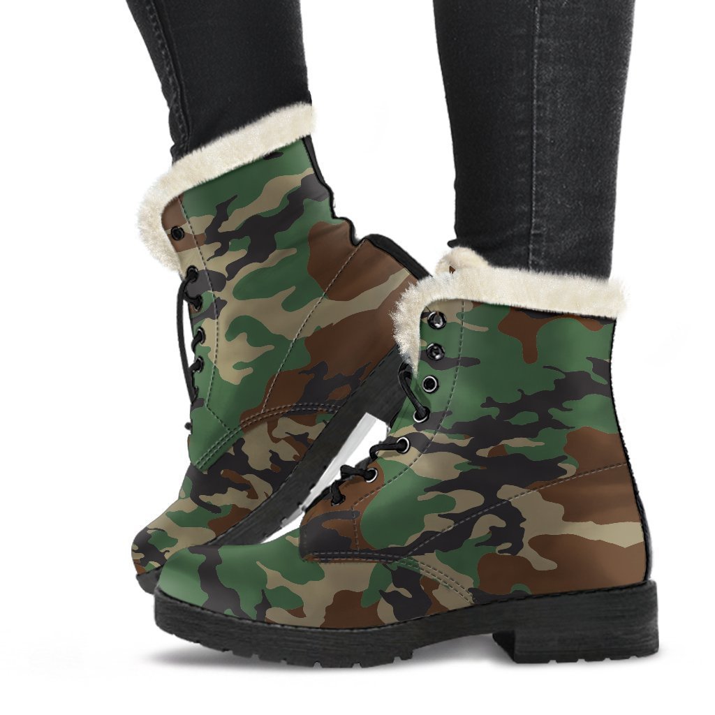 Boho Bliss: Green and Brown Camouflage Faux Fur Leather Boots for the Groovy Hippie - 1