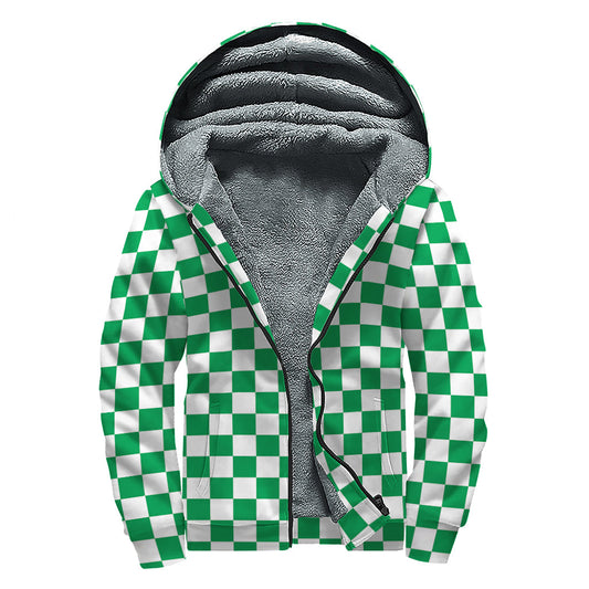 Groovy Green Checkered Sherpa-Lined Zip Up Hoodie for Peaceful Hippies - 1