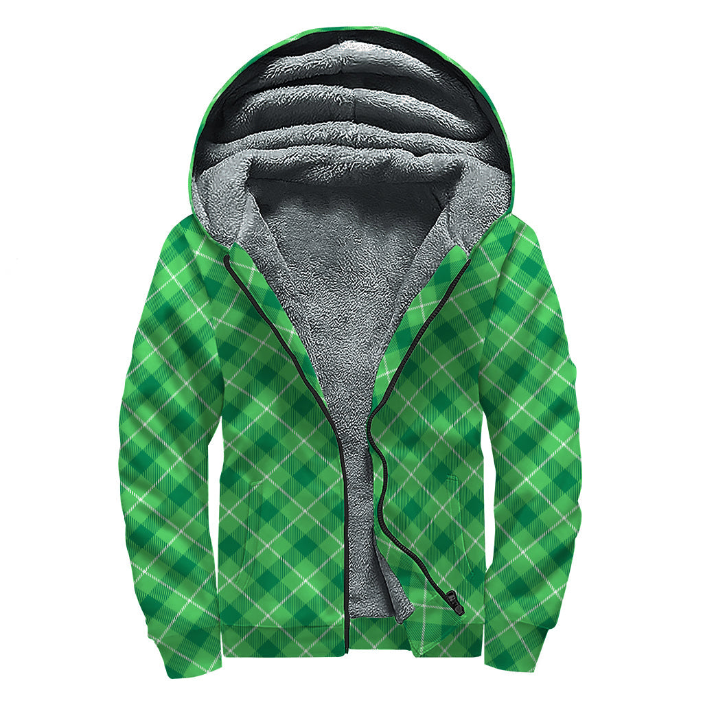 Green and White Plaid Pattern Print Sherpa Lined Zip Up Hoodie for Nature-Loving Hippies - 1