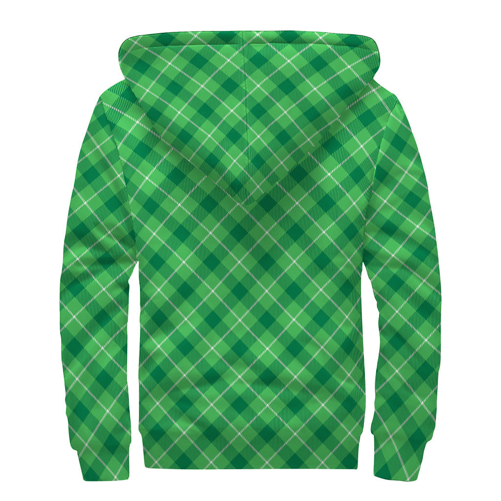 Green and White Plaid Pattern Print Sherpa Lined Zip Up Hoodie for Nature-Loving Hippies - 2