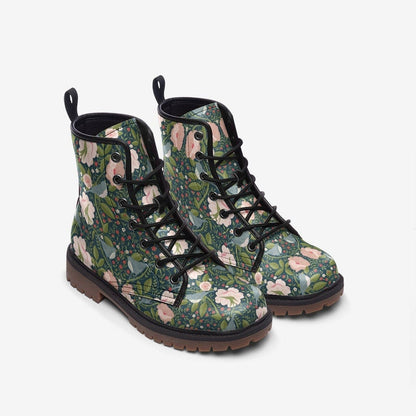 Emerald Blossoms - Green Birds Of William Morris Vegan Leather Boots For Hippies