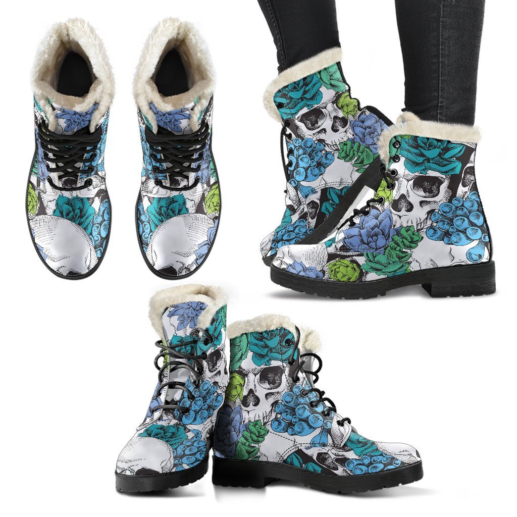 Green Blue Flowers Skull Pattern Faux Fur Leather Hippie Boots - 2