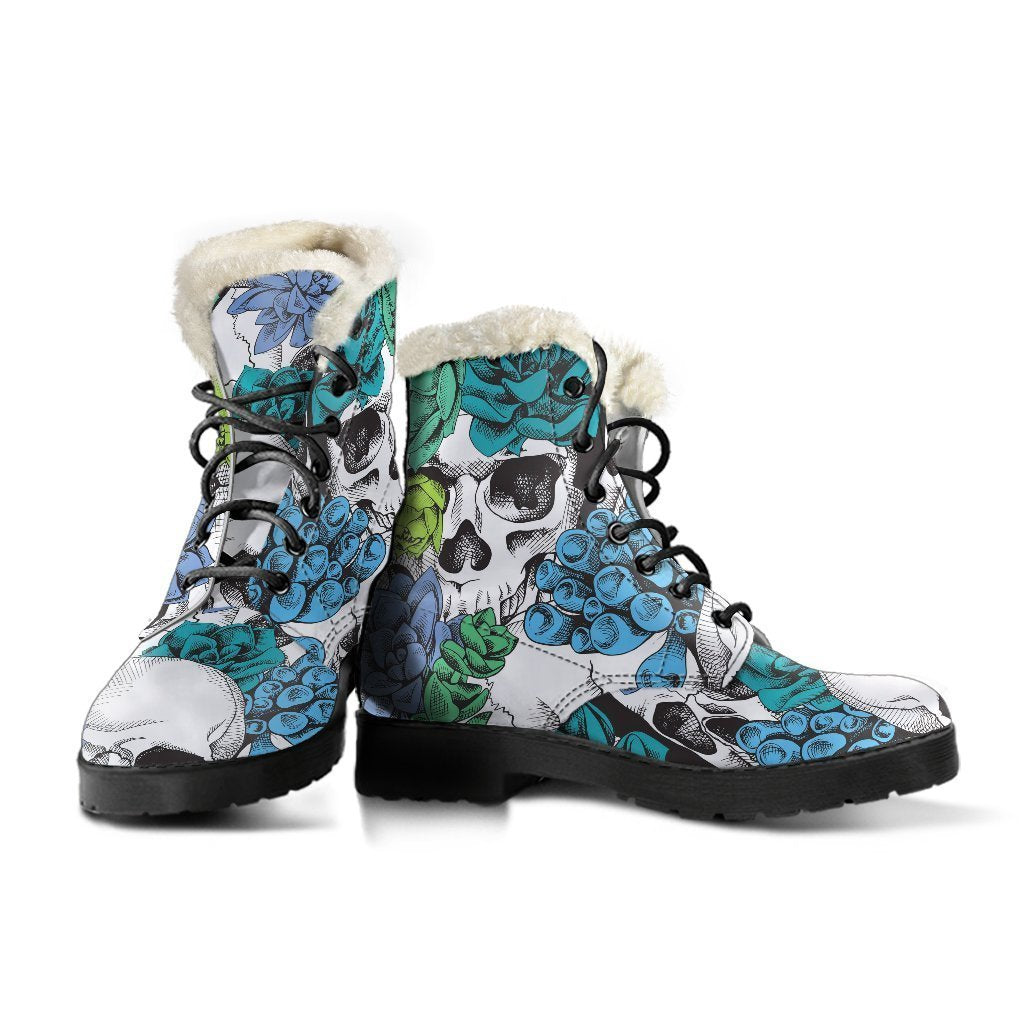 Green Blue Flowers Skull Pattern Faux Fur Leather Hippie Boots - 3