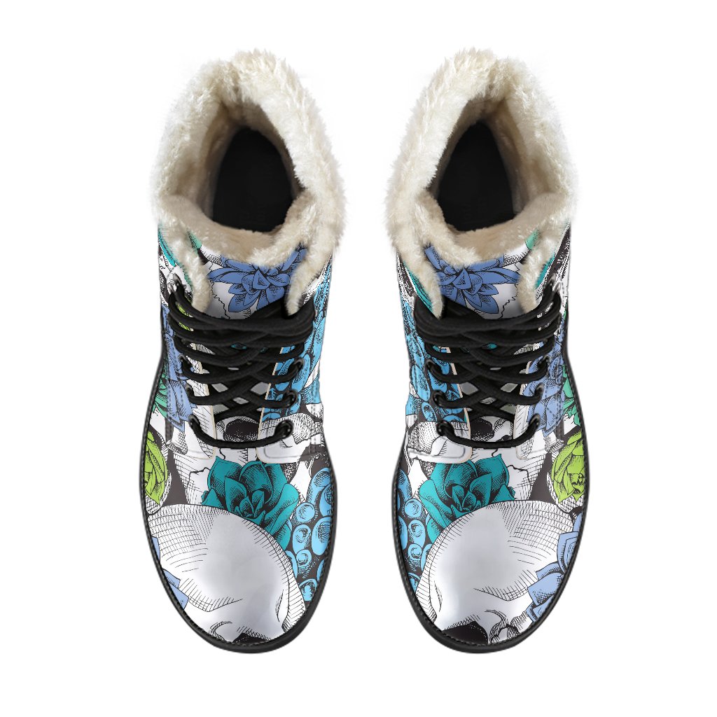 Green Blue Flowers Skull Pattern Faux Fur Leather Hippie Boots - 4