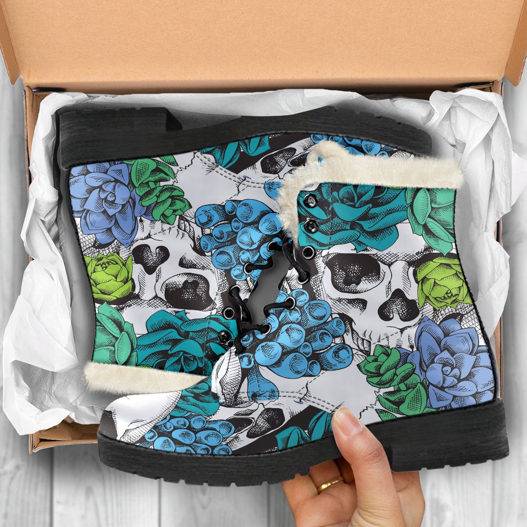 Green Blue Flowers Skull Pattern Faux Fur Leather Hippie Boots - 5