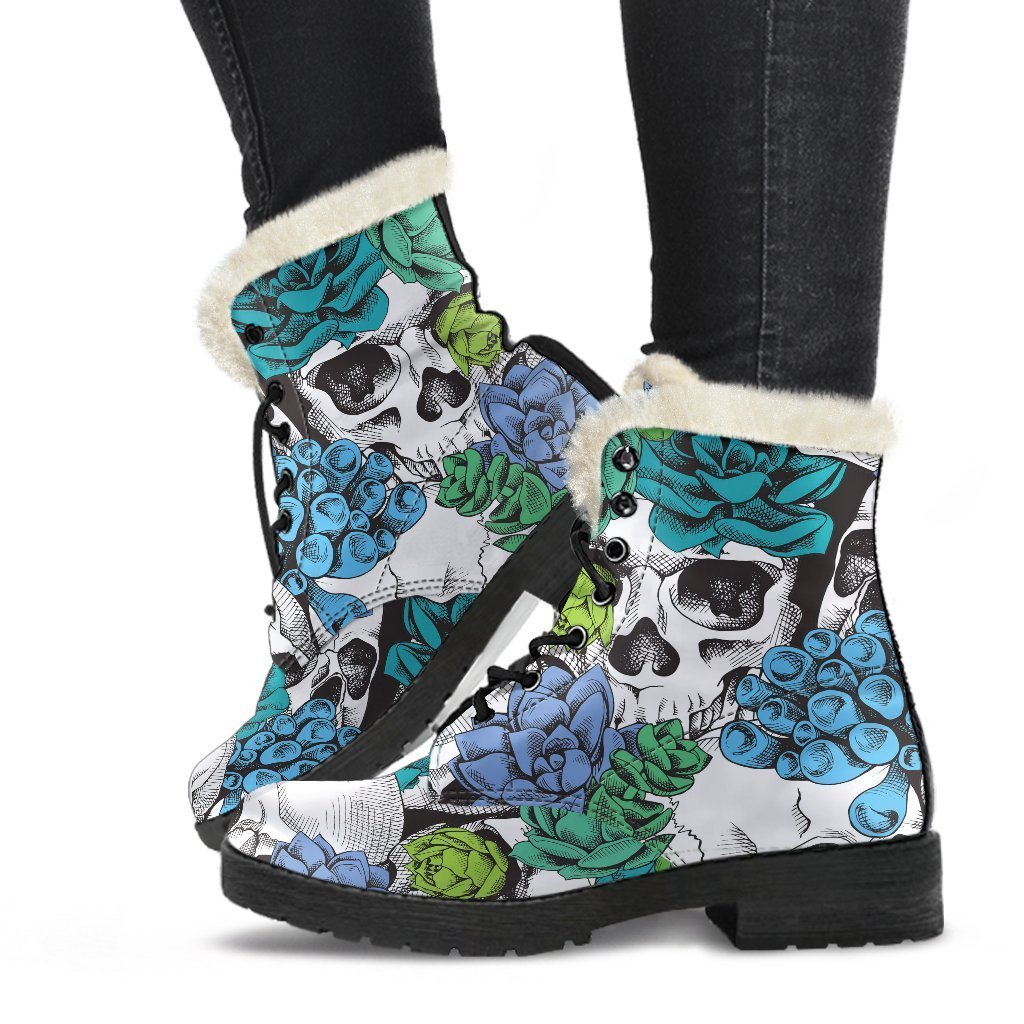 Green Blue Flowers Skull Pattern Faux Fur Leather Hippie Boots - 1