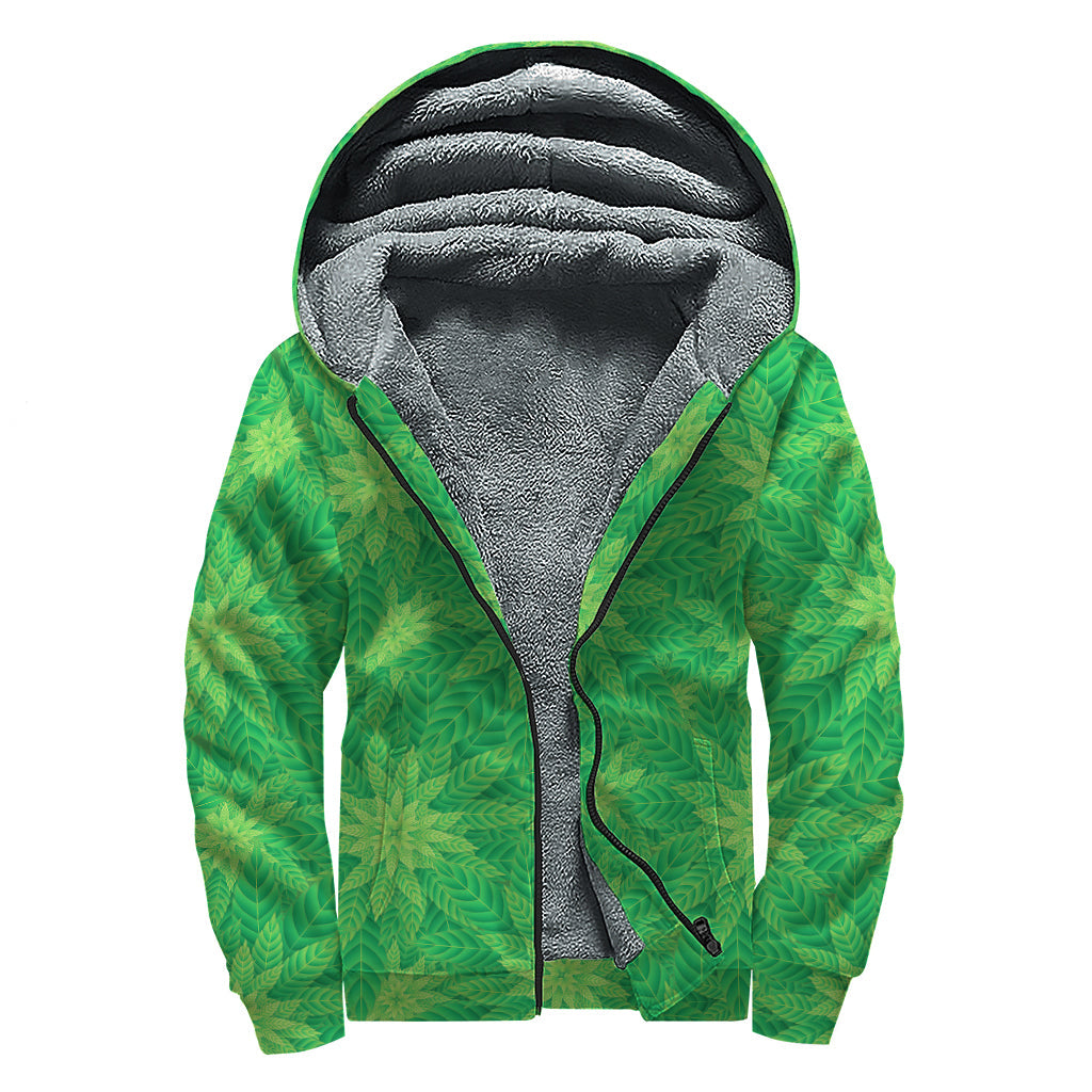 Groovy Green Cannabis Leaf Sherpa Lined Zip Up Hoodie for Free-Spirited Hippies - 1