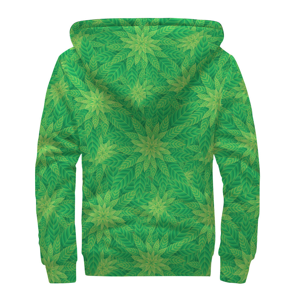 Groovy Green Cannabis Leaf Sherpa Lined Zip Up Hoodie for Free-Spirited Hippies - 2