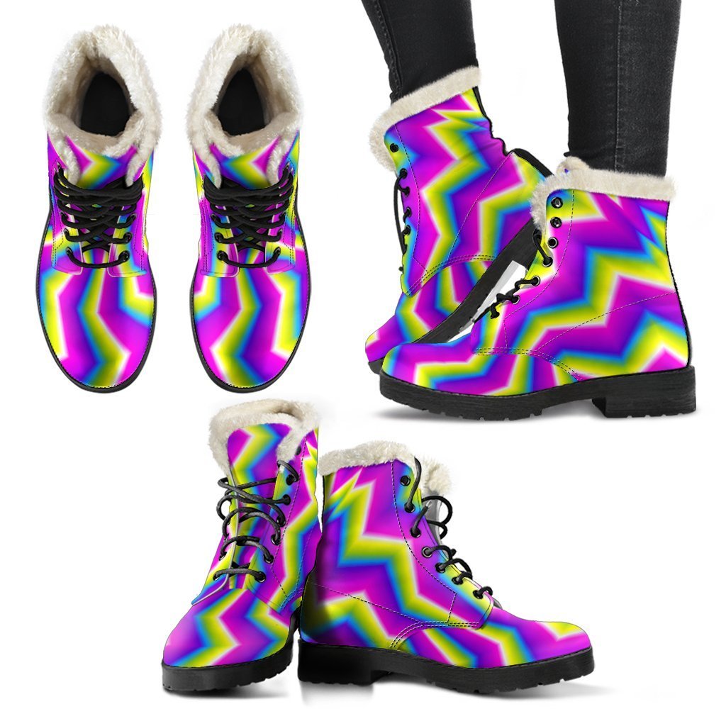 Green Dizzy Moving Optical Illusion Boots: Embrace Your Inner Hippie Style with Faux Fur Leather - 2