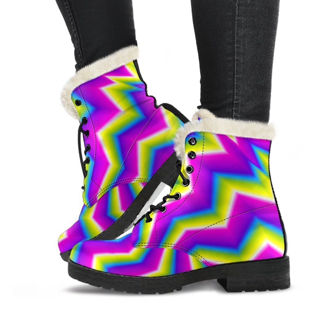 Green Dizzy Moving Optical Illusion Boots: Embrace Your Inner Hippie Style with Faux Fur Leather - 1