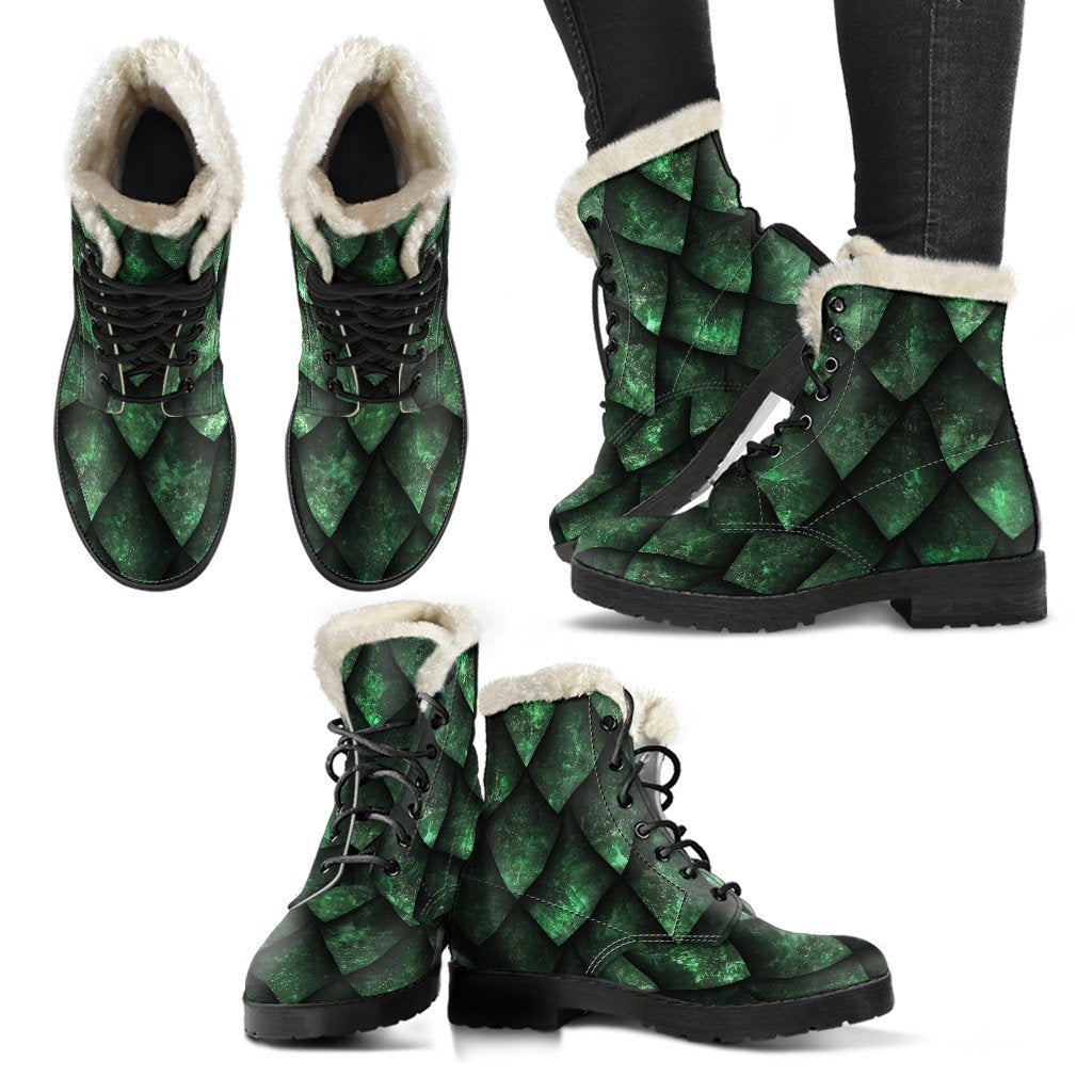 Groovy Green Dragon Scales Faux Fur Leather Boots for Free-Spirited Hippies - 2