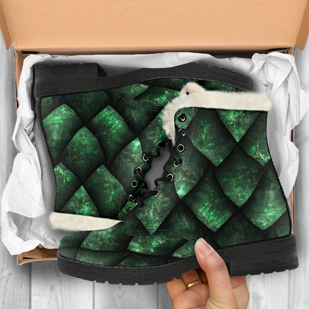 Groovy Green Dragon Scales Faux Fur Leather Boots for Free-Spirited Hippies - 5