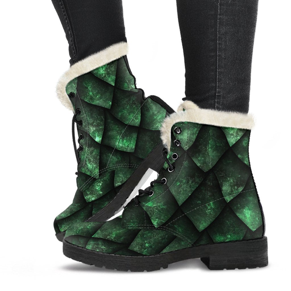 Groovy Green Dragon Scales Faux Fur Leather Boots for Free-Spirited Hippies - 1