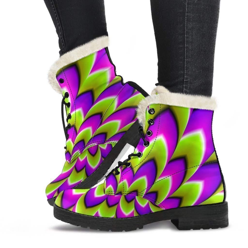 Green Expansion Moving Optical Illusion Faux Fur Leather Boots for the Free-Spirited Hippie - 1