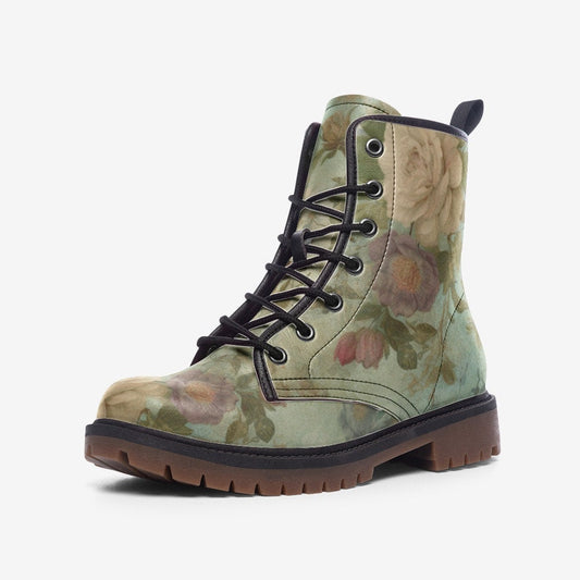 Emerald Blossoms Boots - Green Floral Casual Faux Leather Lightweight Boots For Hippies