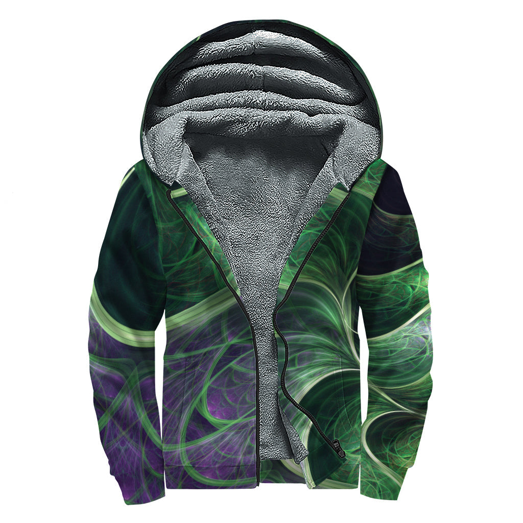 Green Fractal Print Sherpa Lined Zip Up Hoodie: Stay Warm in Hippie Style! - 1