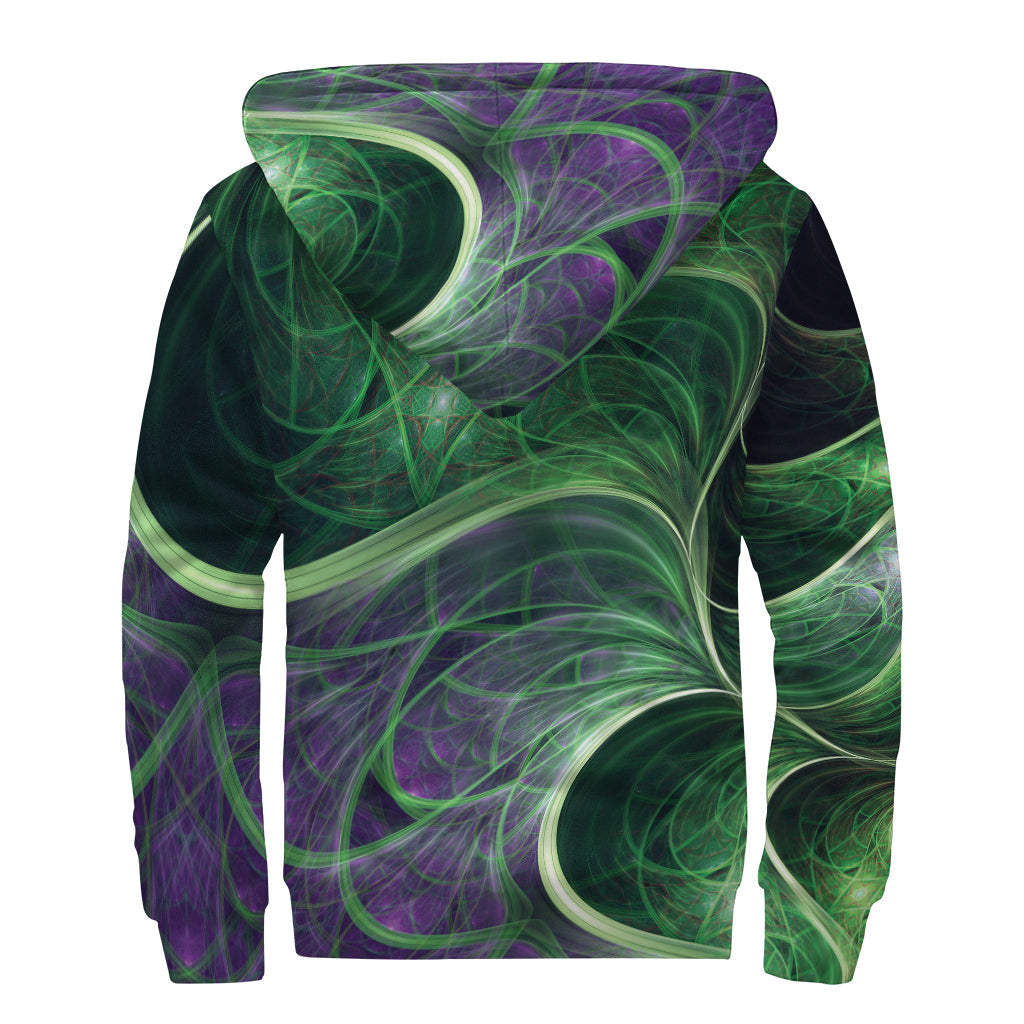 Green Fractal Print Sherpa Lined Zip Up Hoodie: Stay Warm in Hippie Style! - 2