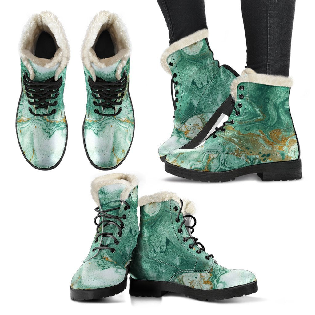 Groovy Green & Gold Liquid Marble Faux Fur Leather Boots for the Free-Spirited Hippie - 2