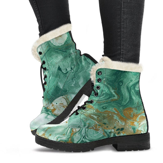 Groovy Green & Gold Liquid Marble Faux Fur Leather Boots for the Free-Spirited Hippie - 1