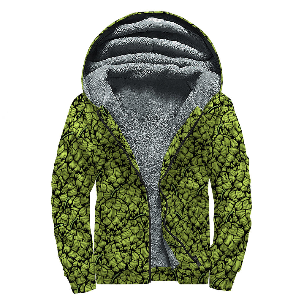 Green Hop Cone Pattern Print Hippie Sherpa Lined Zip-Up Hoodie - 1