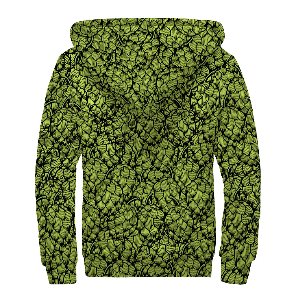 Green Hop Cone Pattern Print Hippie Sherpa Lined Zip-Up Hoodie - 2