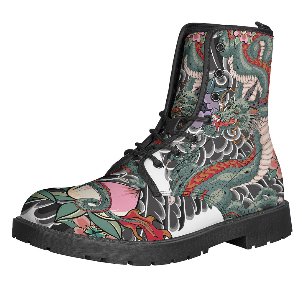 Green Japanese Dragon Tattoo Print Leather Boots for Groovy Hippies - 1